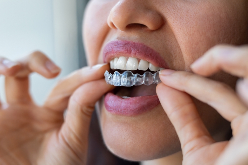 A close-up shot of a woman removing her Invisalign aligner